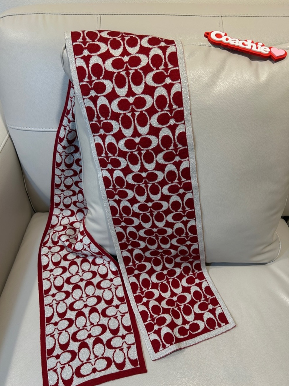 Coach Signature 1941 Red & Silver Jacquard Scarf